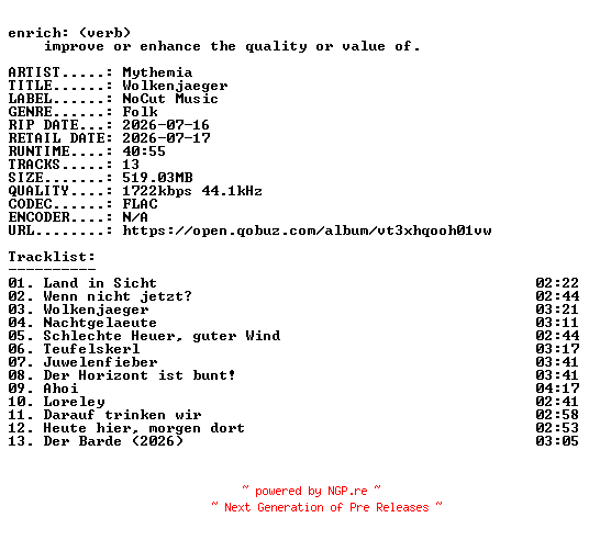 NFO for the release Mythemia-Wolkenjaeger-DE-24BIT-WEB-FLAC-2026-ENRiCH by ENRiCH