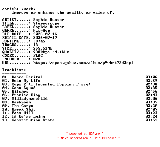 NFO for the release Sophie_Hunter-Stereoscope-16BIT-WEB-FLAC-2026-ENRiCH by ENRiCH