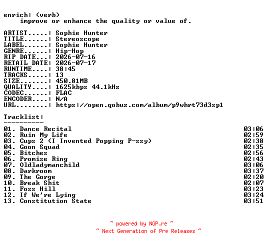 NFO for the release Sophie_Hunter-Stereoscope-24BIT-WEB-FLAC-2026-ENRiCH by ENRiCH