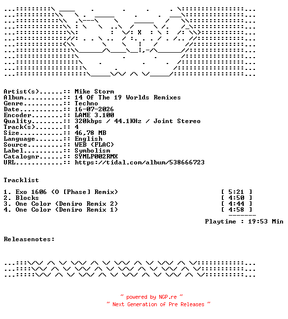 NFO for the release Mike_Storm-14_Of_The_19_Worlds_Remixes-SYMLP002RMX-WEB-2026-WAV by WAV