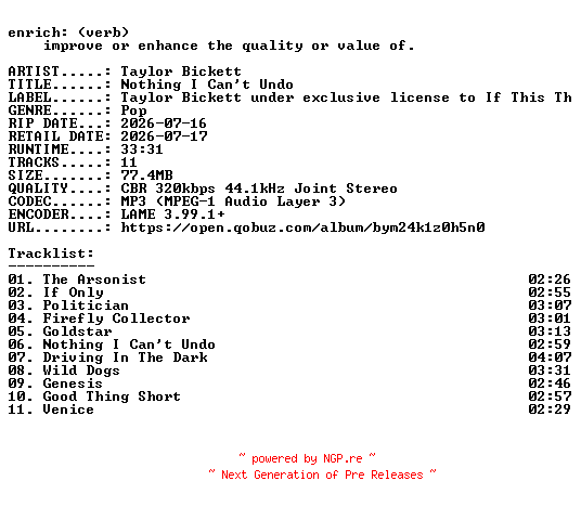 NFO for the release Taylor_Bickett-Nothing_I_Cant_Undo-WEB-2026-ENRiCH by ENRiCH