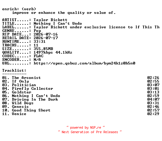 NFO for the release Taylor_Bickett-Nothing_I_Cant_Undo-24BIT-WEB-FLAC-2026-ENRiCH by ENRiCH