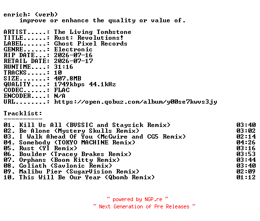 NFO for the release The_Living_Tombstone-Rust_Revolutions-24BIT-WEB-FLAC-2026-ENRiCH by ENRiCH