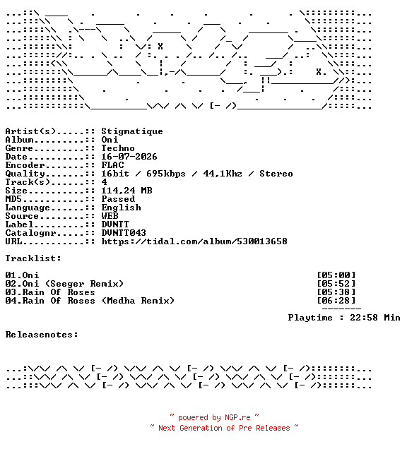 NFO for the release Stigmatique-Oni-DVNTT043-16BIT-WEB-FLAC-2026-WAVED by WAVED