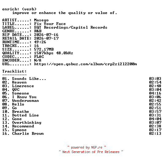 NFO for the release Masego-Fix_Your_Face-24BIT-WEB-FLAC-2026-ENRiCH by ENRiCH