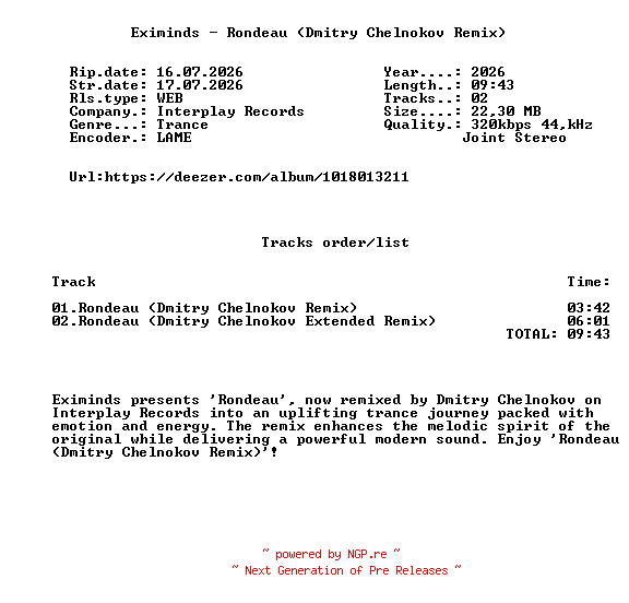 NFO for the release Eximinds_-_Rondeau_(Dmitry_Chelnokov_Remix)-(ITP543)-WEB-2026-FMC by FMC
