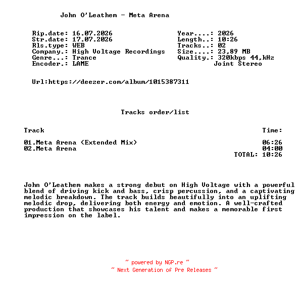 NFO for the release John_OLeathem_-_Meta_Arena-(HVR242)-WEB-2026-FMC by FMC