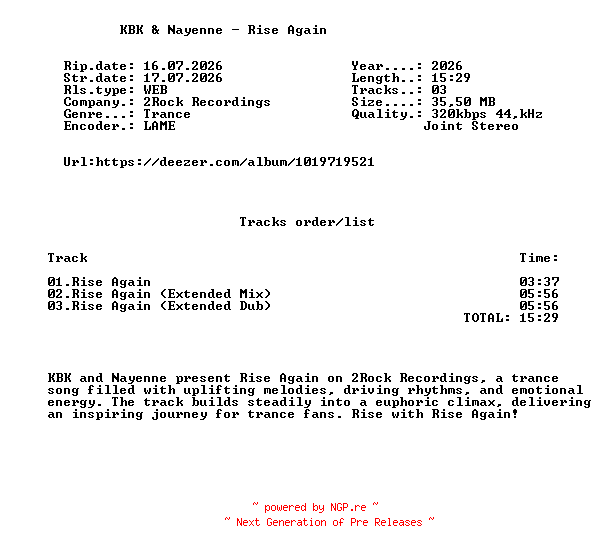 NFO for the release KBK_And_Nayenne_-_Rise_Again-(2RR341)-WEB-2026-FMC by FMC