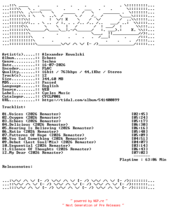 NFO for the release Alexander_Kowalski-Echoes-CYCLP001-REMASTERED-16BIT-WEB-FLAC-2026-WAVED by WAVED