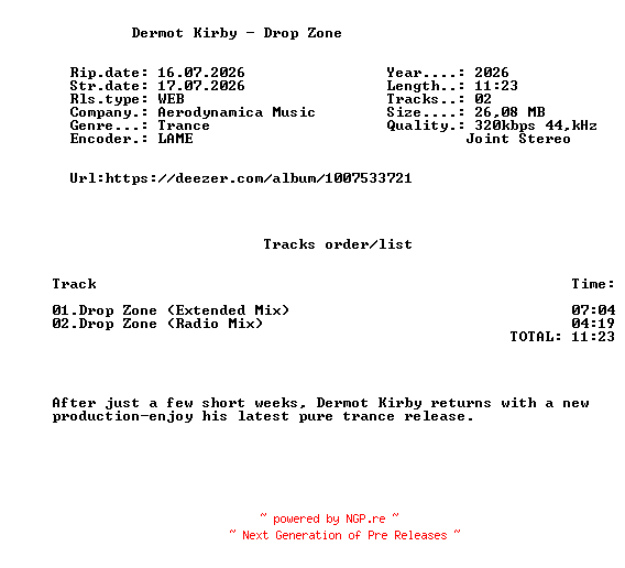 NFO for the release Dermot_Kirby_-_Drop_Zone-(AER178)-WEB-2026-FMC by FMC