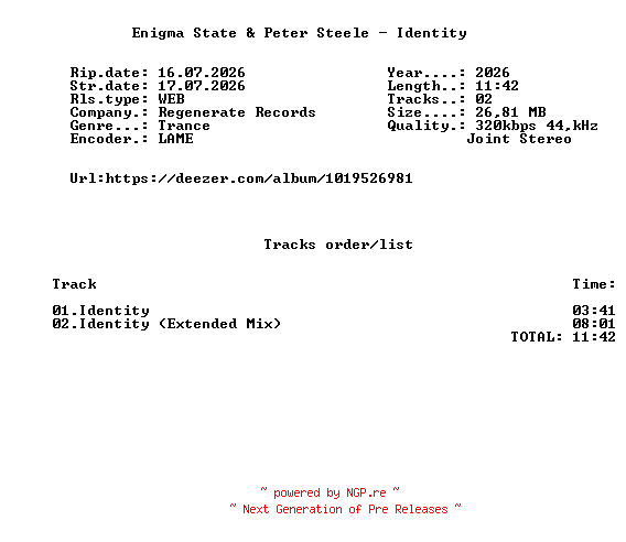 NFO for the release Enigma_State_And_Peter_Steele_-_Identity-(RGEN214)-WEB-2026-FMC by FMC