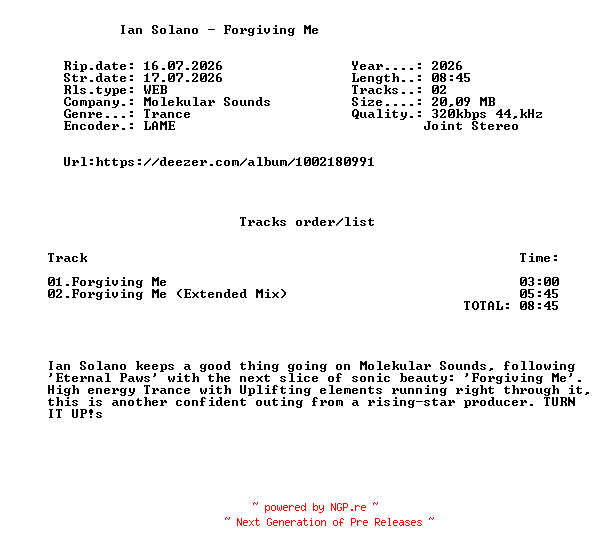 NFO for the release Ian_Solano_-_Forgiving_Me-(MOLSO226)-WEB-2026-FMC by FMC