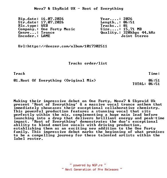 NFO for the release Nova7_And_SkyRaid_UK_-_Root_Of_Everything-(OF103)-SINGLE-WEB-2026-FMC by FMC