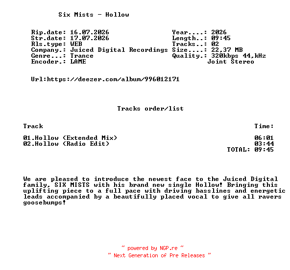 NFO for the release Six_Mists_-_Hollow-(JDR162)-WEB-2026-FMC by FMC
