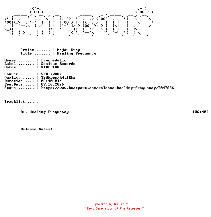 NFO for the release Major_Drop-Healing_Frequency-(STREP188)-SINGLE-WEB-2026-FALCON by FALCON