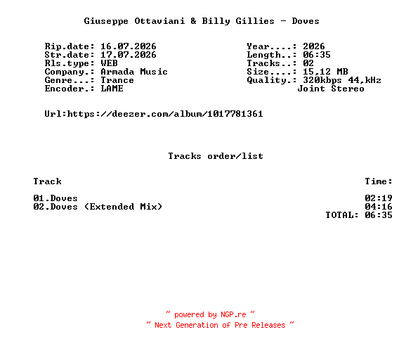 NFO for the release Giuseppe_Ottaviani_And_Billy_Gillies_-_Doves-(ARMAS3790)-WEB-2026-FMC by FMC