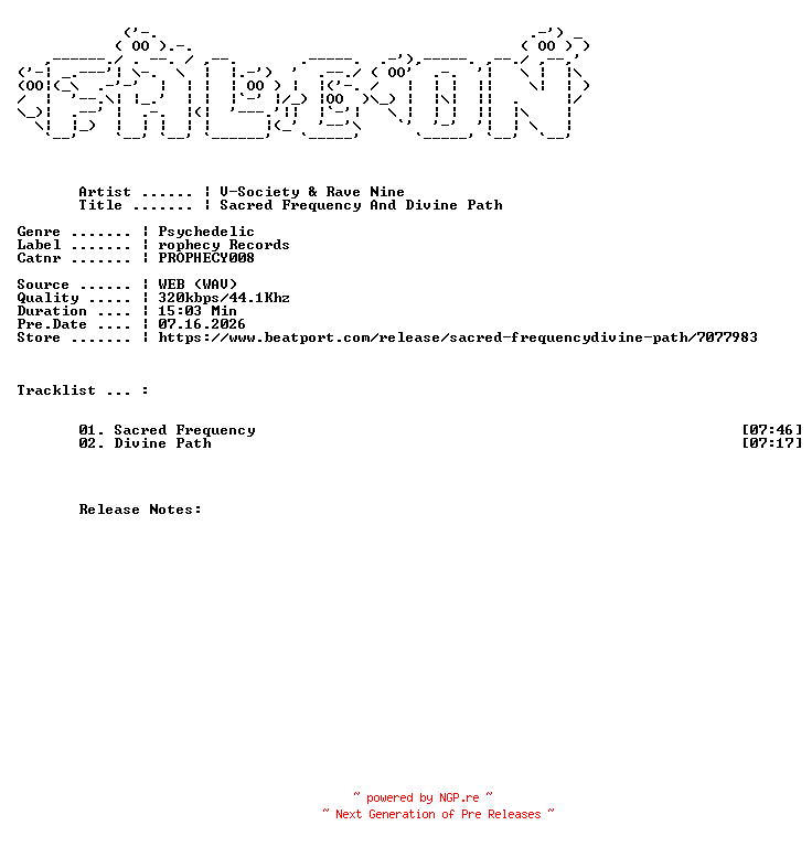 NFO for the release V-Society_And_Rave_Nine-Sacred_Frequency_And_Divine_Path-(PROPHECY008)-WEB-2026-FALCON by FALCON
