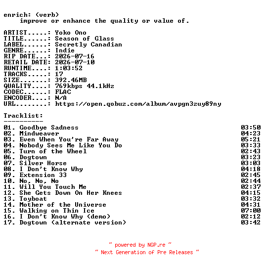 NFO for the release Yoko_Ono-Season_of_Glass-24BIT-WEB-FLAC-2026-ENRiCH by ENRiCH
