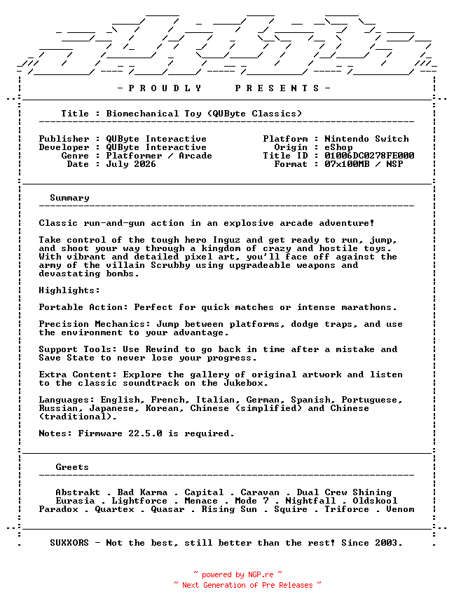 NFO for the release Biomechanical_Toy_QUByte_Classics_NSW-SUXXORS by SUXXORS