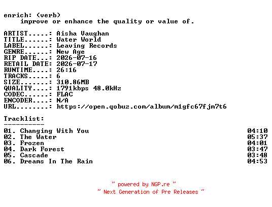 NFO for the release Aisha_Vaughan-Water_World-24BIT-WEB-FLAC-2026-ENRiCH by ENRiCH