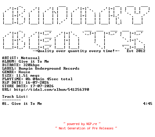 NFO for the release Notusual-Give_It_To_Me-(BU288)-SINGLE-WEB-2026-BB by BB