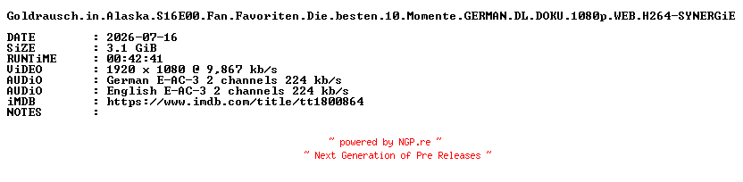NFO for the release Goldrausch.in.Alaska.S16E00.Fan.Favoriten.Die.besten.10.Momente.GERMAN.DL.DOKU.1080p.WEB.H264-SYNERGiE by SYNERGiE