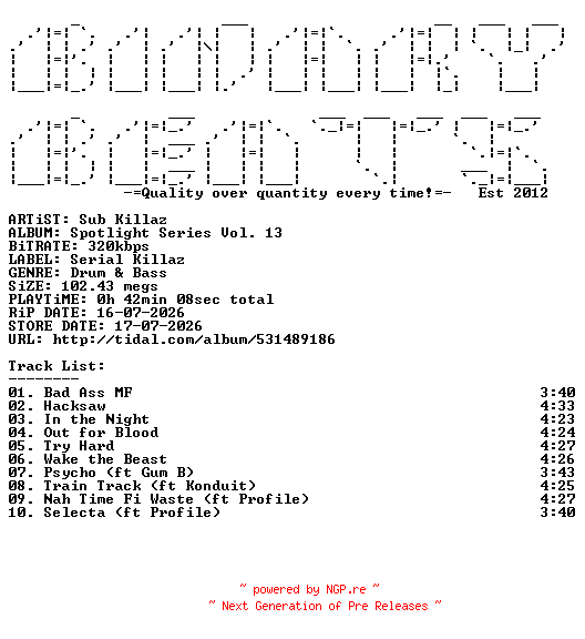 NFO for the release Sub_Killaz-Spotlight_Series_Vol._13-(KILLAZLP30)-WEB-2026-BB by BB