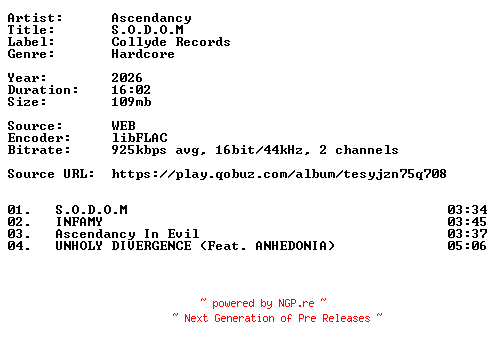 NFO for the release Ascendancy-S.O.D.O.M-16BIT-WEB-FLAC-2026-VEXED by VEXED