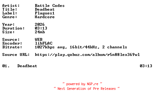 NFO for the release Battle_Codes-Deadbeat-Single-16BIT-WEB-FLAC-2026-VEXED by VEXED