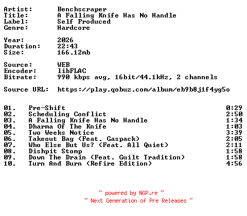 NFO for the release Benchscraper-A_Falling_Knife_Has_No_Handle-16BIT-WEB-FLAC-2026-VEXED by VEXED
