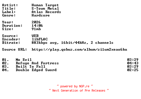 NFO for the release Human_Target-S-Town_Metal-16BIT-WEB-FLAC-2026-VEXED by VEXED