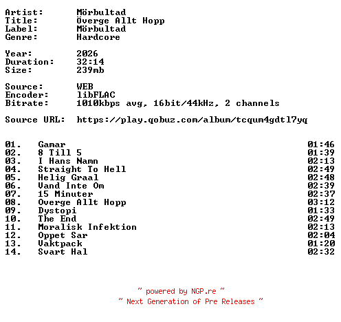 NFO for the release Morbultad-Overge_Allt_Hopp-16BIT-WEB-FLAC-2026-VEXED by VEXED