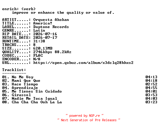 NFO for the release Orquesta_Akokan-America-ES-24BIT-WEB-FLAC-2026-ENRiCH by ENRiCH