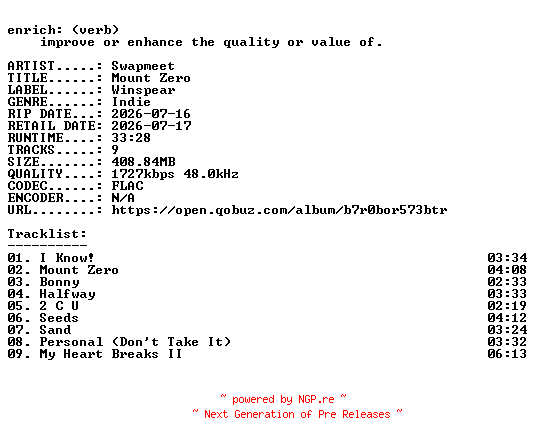 NFO for the release Swapmeet-Mount_Zero-24BIT-WEB-FLAC-2026-ENRiCH by ENRiCH