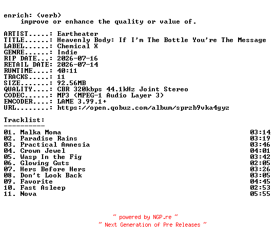 NFO for the release Eartheater-Heavenly_Body_If_Im_The_Bottle_Youre_The_Message-WEB-2026-ENRiCH by ENRiCH