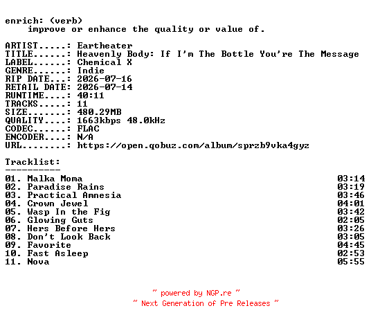 NFO for the release Eartheater-Heavenly_Body_If_Im_The_Bottle_Youre_The_Message-24BIT-WEB-FLAC-2026-ENRiCH by ENRiCH
