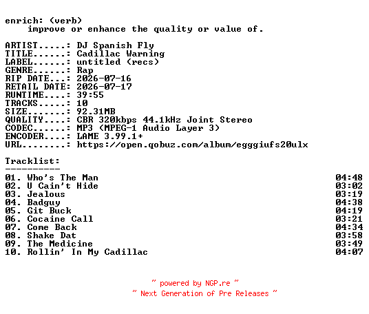 NFO for the release DJ_Spanish_Fly-Cadillac_Warning-WEB-2026-ENRiCH by ENRiCH