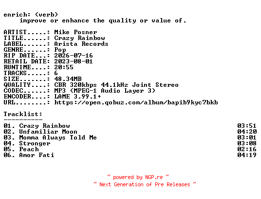 NFO for the release Mike_Posner-Crazy_Rainbow-EP-WEB-2026-ENRiCH by ENRiCH