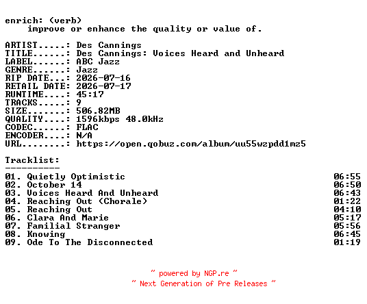 NFO for the release Des_Cannings-Des_Cannings_Voices_Heard_and_Unheard-24BIT-WEB-FLAC-2026-ENRiCH by ENRiCH