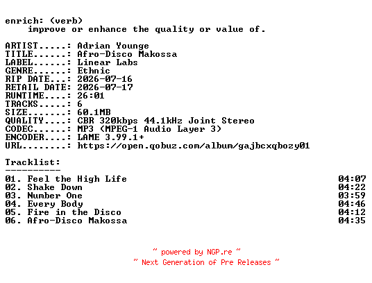 NFO for the release Adrian_Younge-Afro-Disco_Makossa-WEB-2026-ENRiCH by ENRiCH