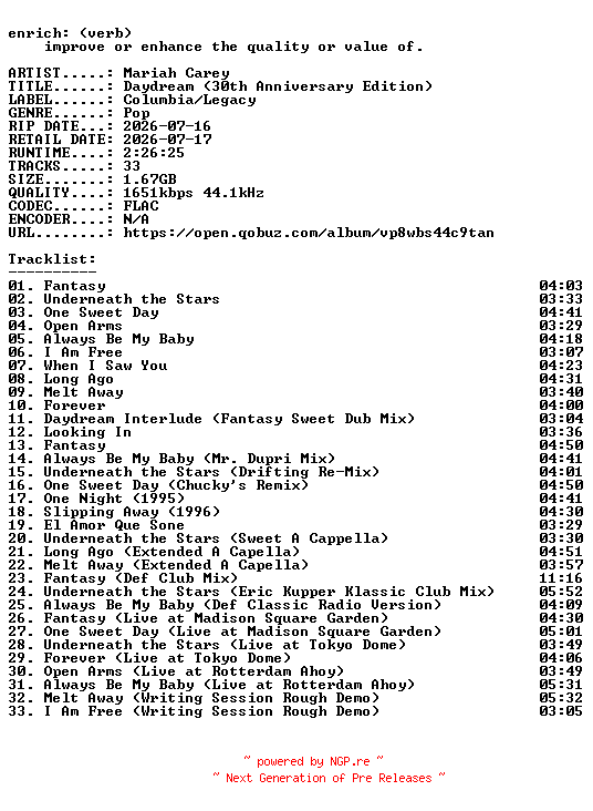 NFO for the release Mariah_Carey-Daydream_(30th_Anniversary_Edition)-24BIT-WEB-FLAC-2026-ENRiCH by ENRiCH