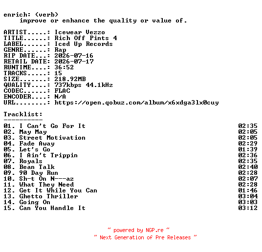 NFO for the release Icewear_Vezzo-Rich_Off_Pints_4-16BIT-WEB-FLAC-2026-ENRiCH by ENRiCH