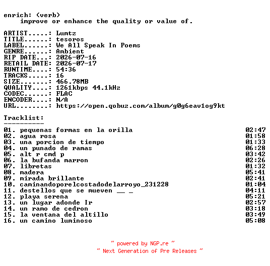 NFO for the release Lumtz-tesoros-24BIT-WEB-FLAC-2026-ENRiCH by ENRiCH