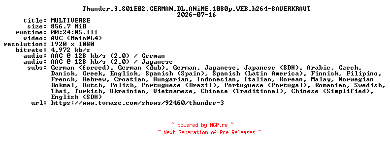 NFO for the release Thunder.3.S01E02.GERMAN.DL.ANiME.1080p.WEB.h264-SAUERKRAUT by SAUERKRAUT