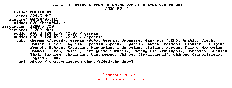 NFO for the release Thunder.3.S01E02.GERMAN.DL.ANiME.720p.WEB.h264-SAUERKRAUT by SAUERKRAUT