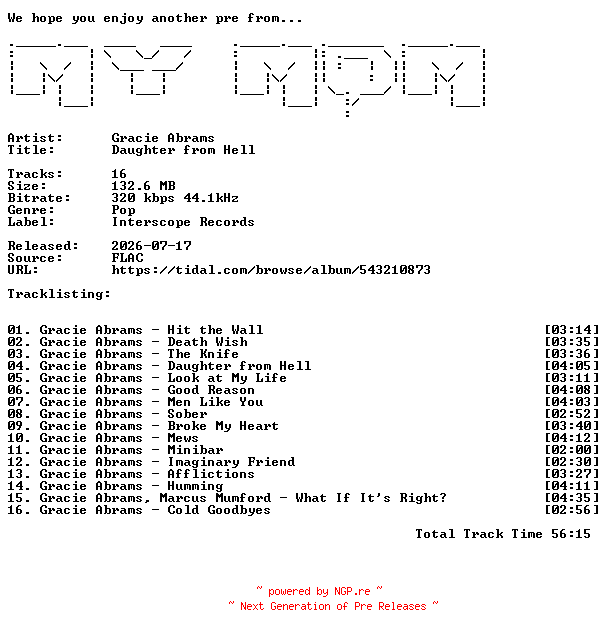 NFO for the release Gracie_Abrams-Daughter_from_Hell-WEB-2026-MyMom by MyMom