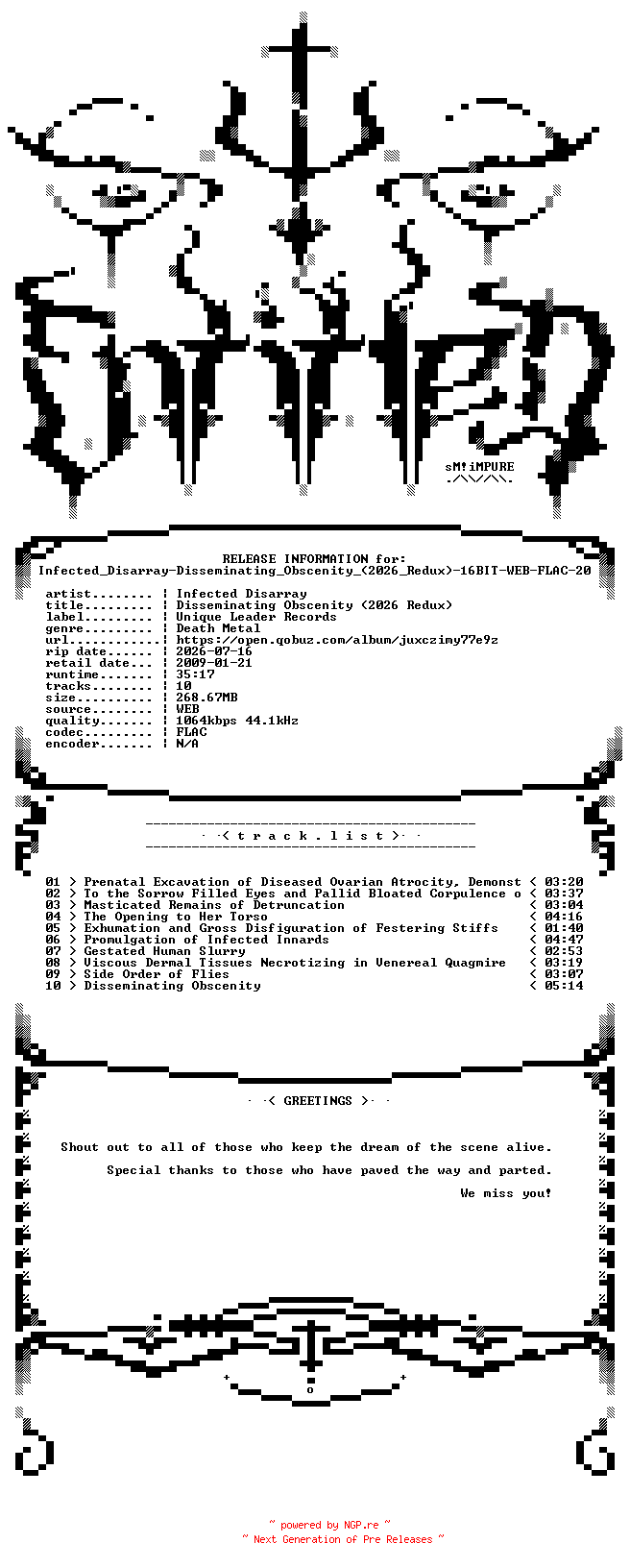 NFO for the release Infected_Disarray-Disseminating_Obscenity_(2026_Redux)-16BIT-WEB-FLAC-2026-ENTiTLED by ENTiTLED