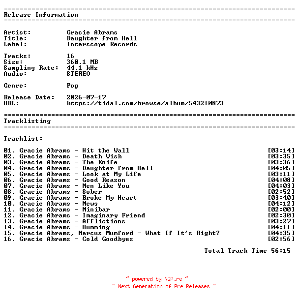 NFO for the release Gracie_Abrams-Daughter_from_Hell-16BIT-WEBFLAC-2026-MyDad by MyDad