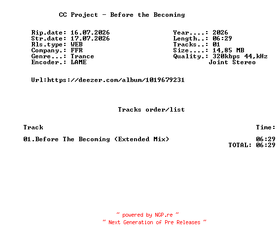 NFO for the release CC_Project_-_Before_The_Becoming-(FFR165)-SINGLE-WEB-2026-FMC by FMC
