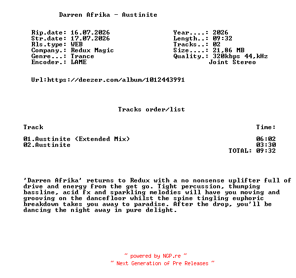 NFO for the release Darren_Afrika_-_Austinite-(RDXM385)-WEB-2026-FMC by FMC